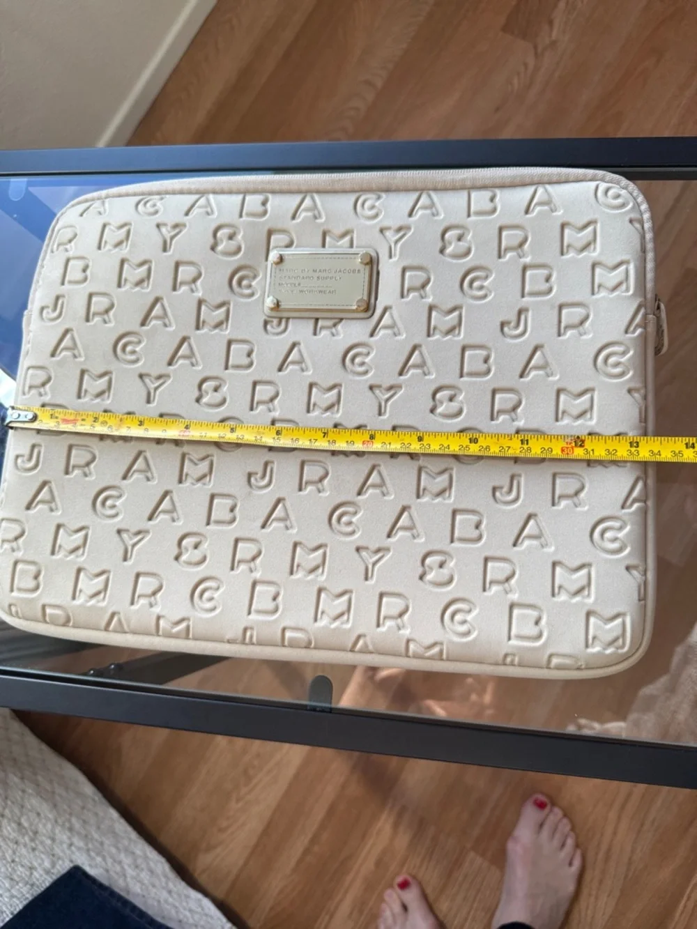 13” Marc by Marc Jacobs Cream Embossed Logo Laptop Sleeve with Gold Plate